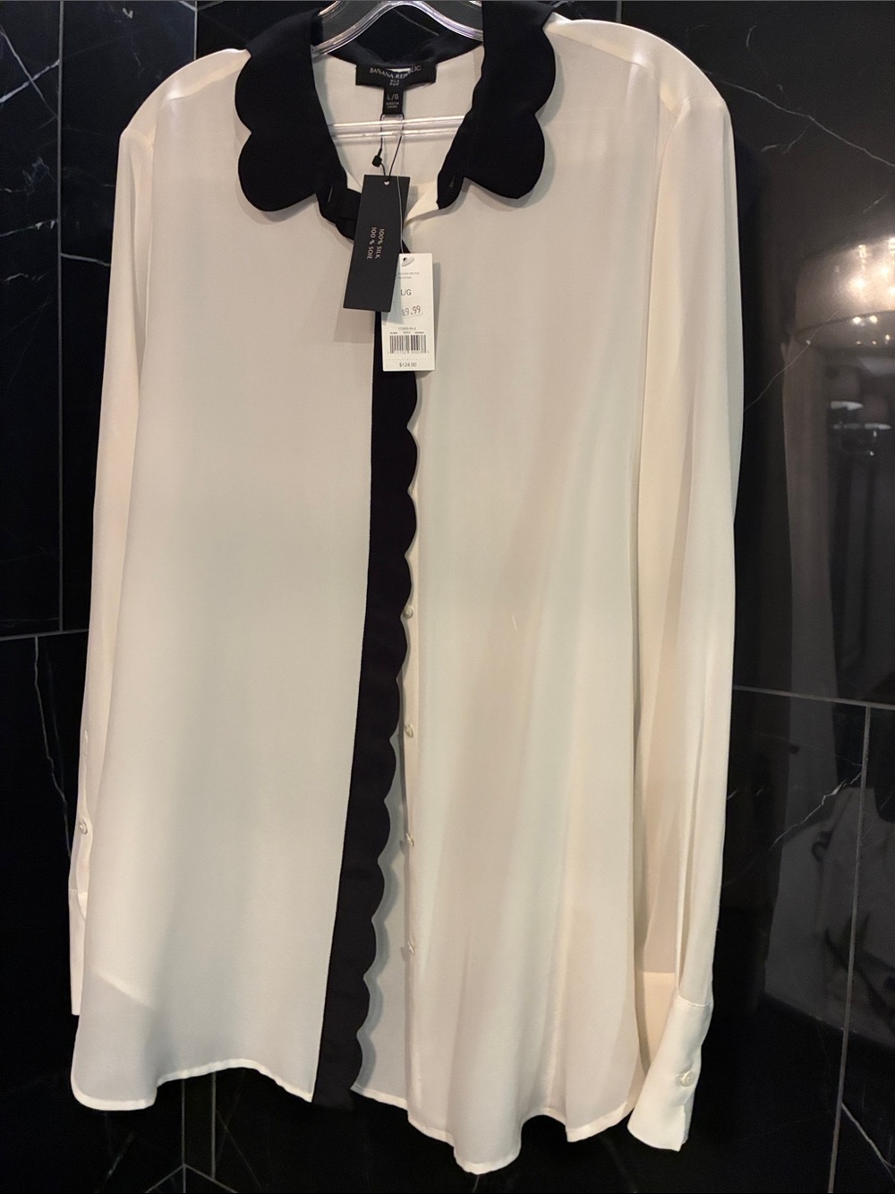 Banana Republic 100% Silk Cream Blouse with Black Scalloped Trim